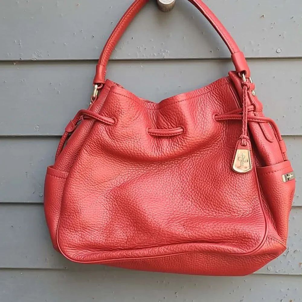 Cole Haan Denney Hobo Bucket Red Pebbled Leather Shoulder Bag